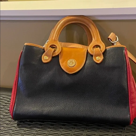 Chic Blue and Tan Satchel with Red Accents - Picture 2 of 8